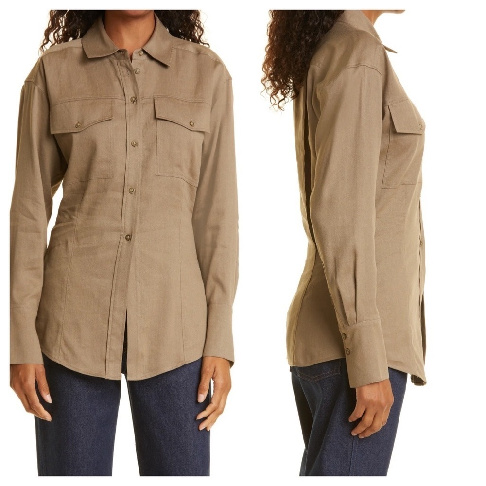 NWT Frame Arie Cutaway Buttondown Dark Tan Linen Blend Shirt, size M